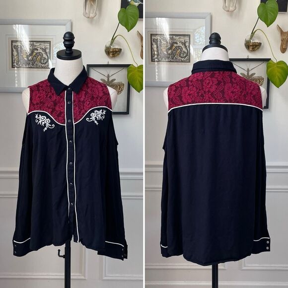 Shyanne Cold Shoulder Western Snap Front Cowgirl Shirt Black Red Lace Embroidere - Picture 2 of 9